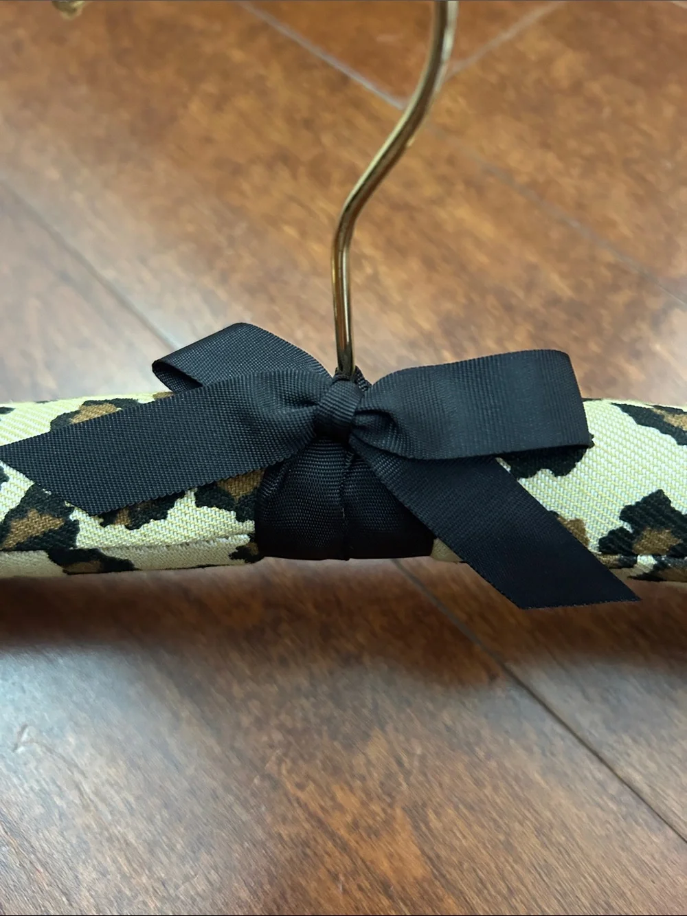 Animal Leopard Print Padded Hangers with Black Bows and Gold Hardware, Set of 5